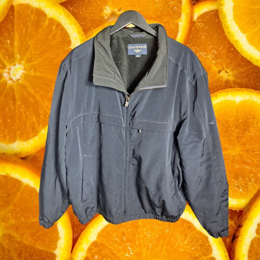 Dockers Men's Navy Polyester Lined Resin Coated Full-Zip Bomber Jacket‎ Size XL